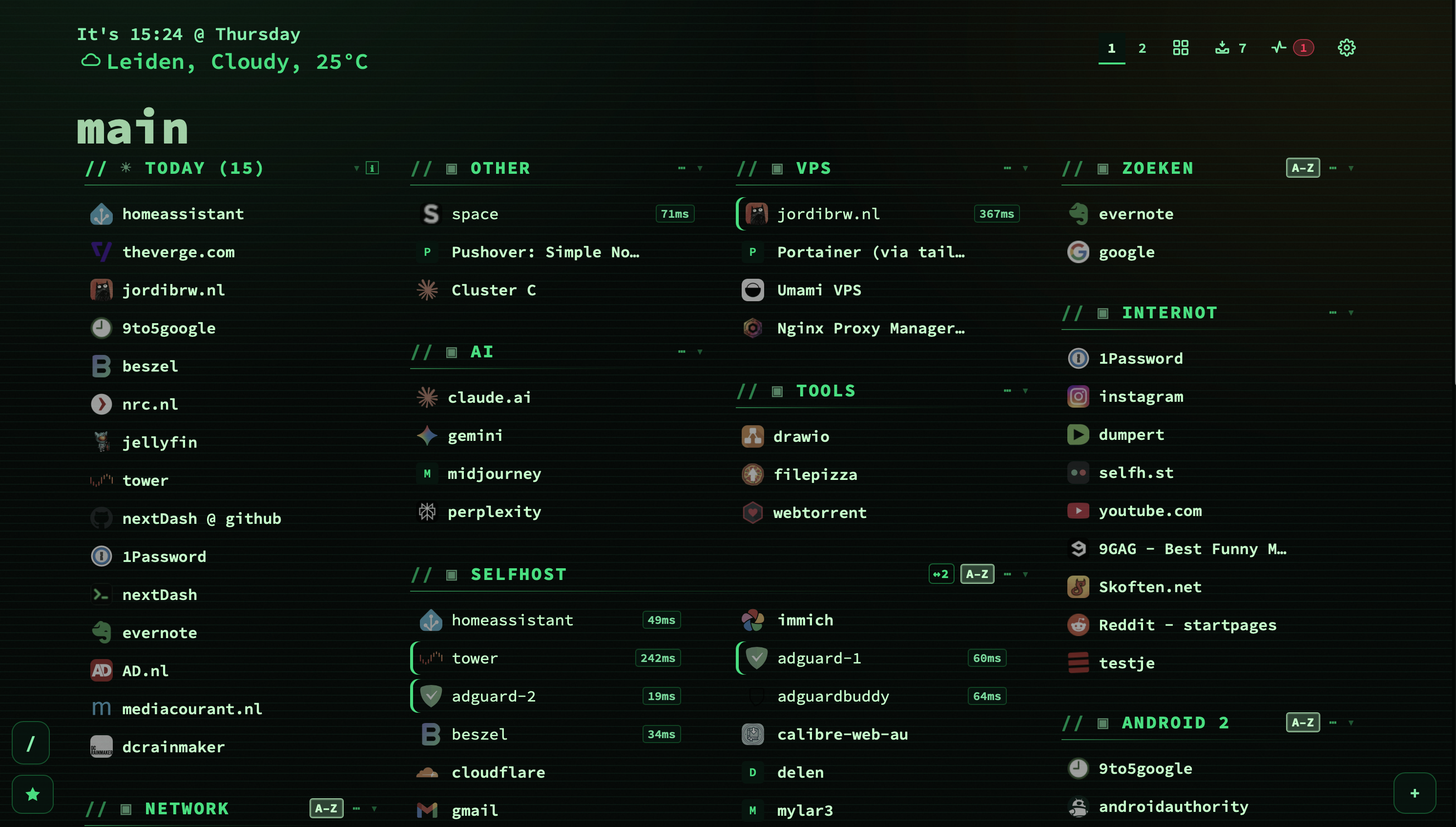 A nextDash dashboard before widgets: every block on the grid is a category of bookmarks