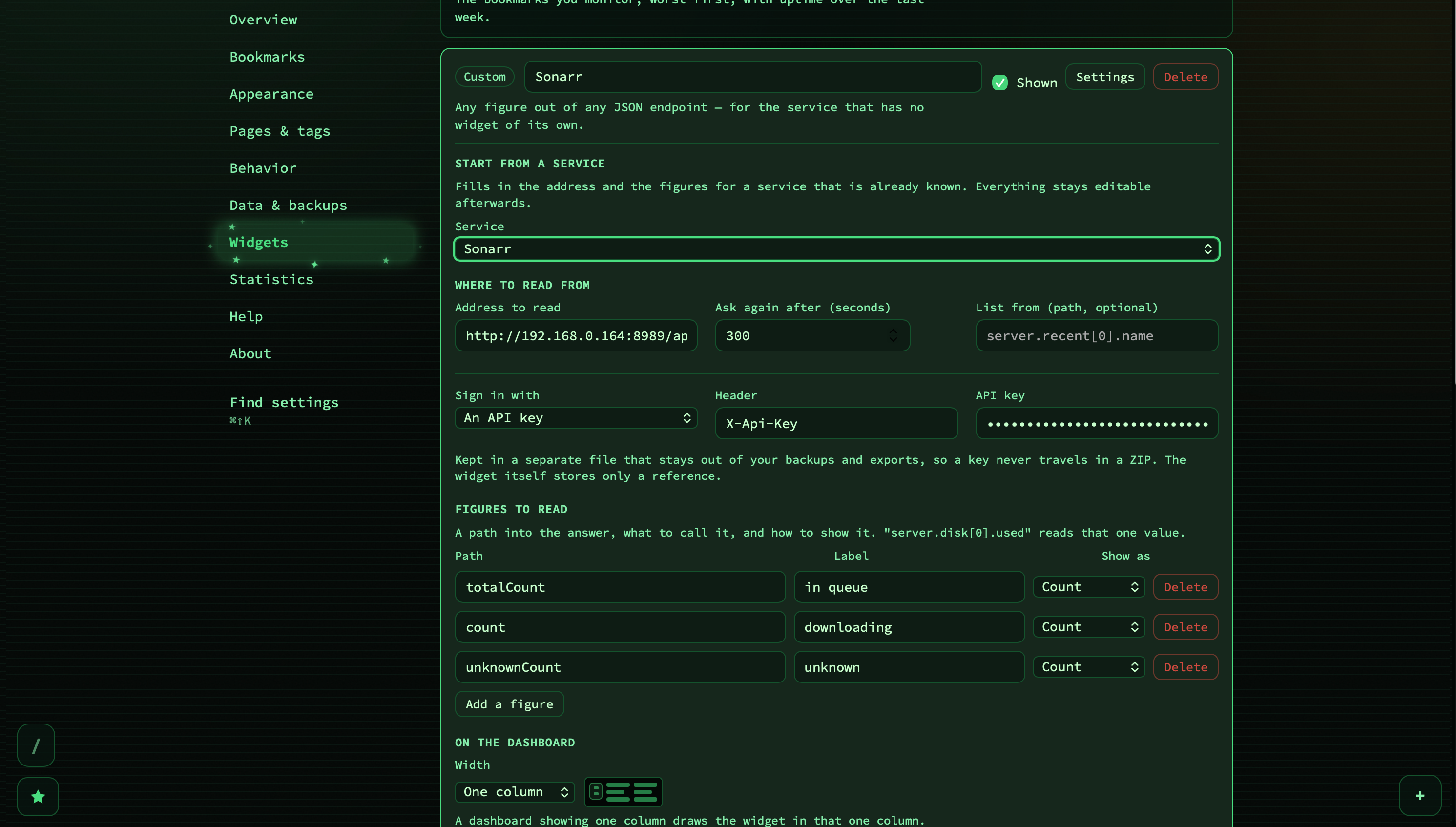 The Custom widget settings panel with the Sonarr preset applied: service picker, address, refresh interval, sign-in block with an X-Api-Key header, and three figures with their paths and formats
