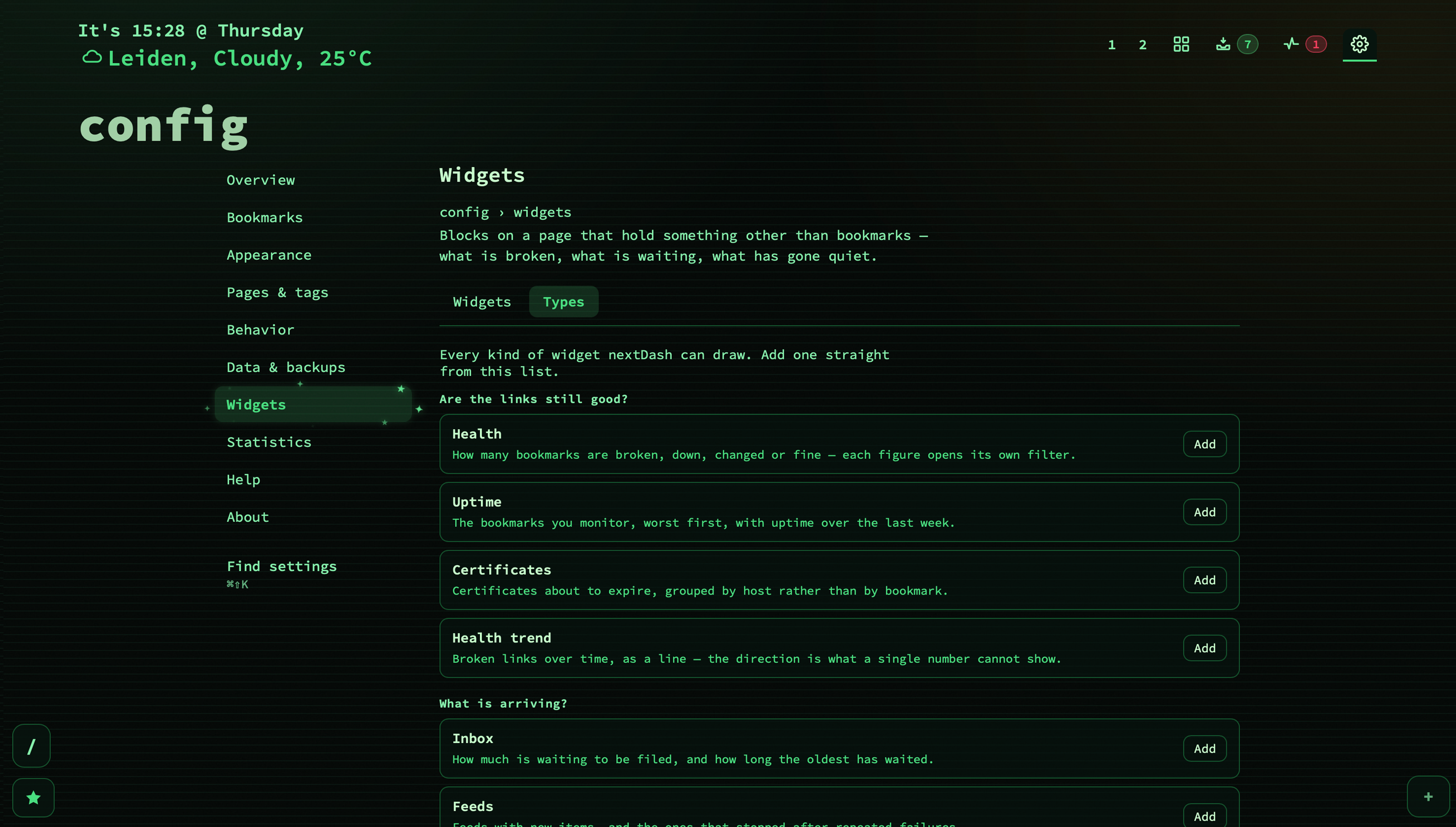 Config, Widgets section, Types tab: every kind of widget on a card, grouped by the question it answers, each with an Add button